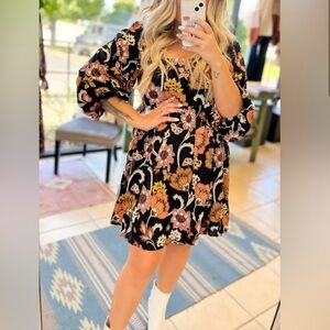 Angie That’s So Vintage Paisley Floral Print Long Sleeve Babydoll Mini Dress